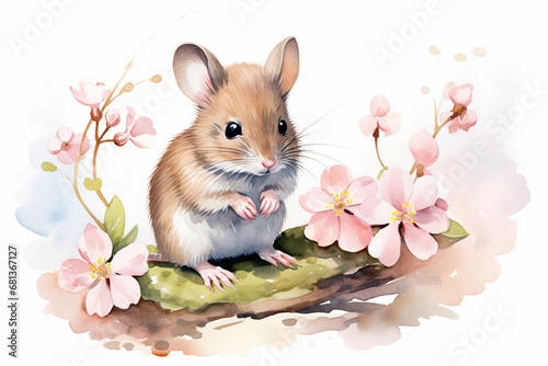 a mouse in nature in watercolor art style photo