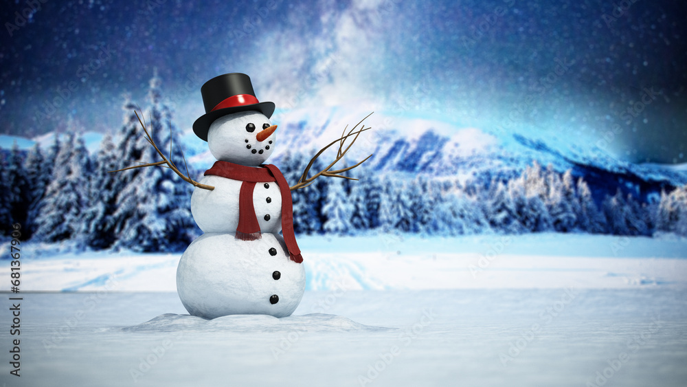 Snowman standing on snowy ground against night sky. 3D illustration
