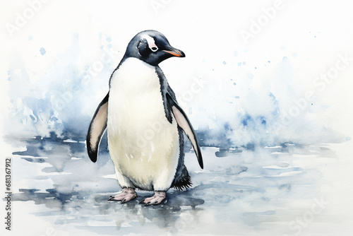 a penguin in nature in watercolor art style