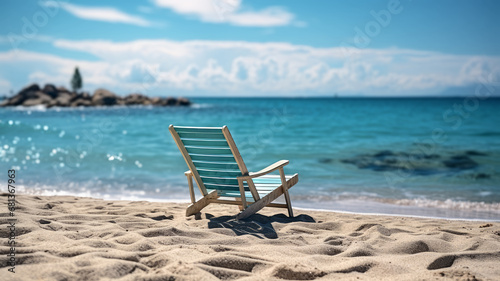 Tranquil Beach Vacation: Absence of People, Relaxing Chair by the Shore, Horizon over Water © senadesign