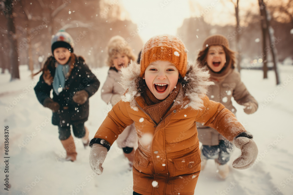 Happy laughing smiling children friends walking in winter snowy park
