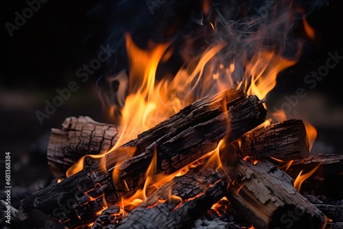 Campfire burning brightly in the dark