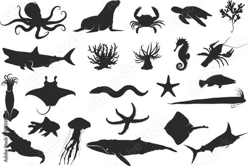 Fototapeta Sea animal silhouette, Ocean animal silhouette, Black silhouettes of  sea life, sea animal, ocean animal, Animal vector clipart, Sea life silhouette