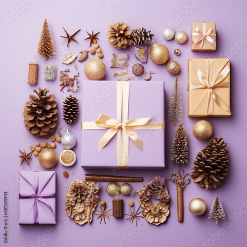 A festive Christmas Knolling on a lavender background.  photo