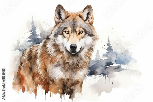a wolf in nature in watercolor art style