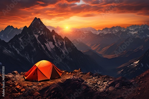 Tent in the mountains at sunset. Beautiful summer landscape with a tent. © Rudsaphon