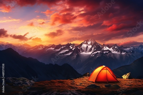 Tent in the mountains at sunset. Beautiful summer landscape with a tent.