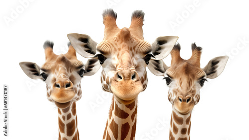 Three giraffes looking at camera, close-up portrait, isolated on white background