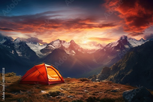Tent in the mountains at sunset. Beautiful summer landscape with a tent. © Rudsaphon