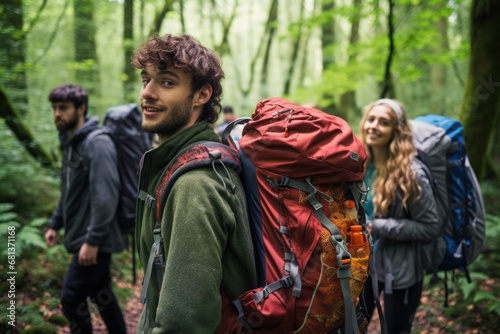 a group of friends hiking through a forest their backpacks laden with camping gear