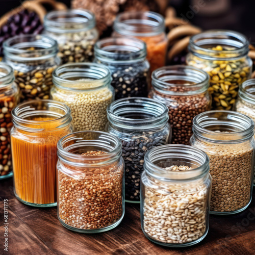 Different types of seeds and grains in small glass
