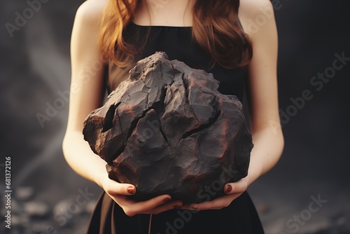 A brown-haired person holding a heavy rock. Burden. Heaviness. A clay lump. Clod. Big piece of coal. Load in the hands. Weight. Massive rock, coal. A woman in a black cocktail dress with stone