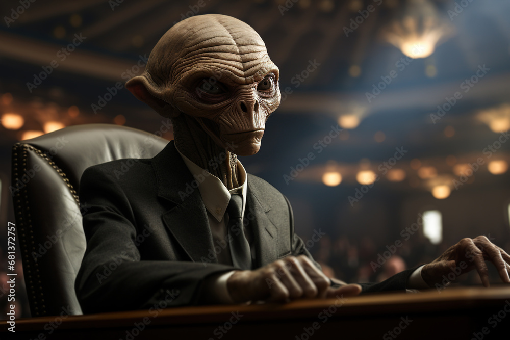 Humanoid politician in a suit indoors. Humor, conspiracy theory Humanoid politician in a suit indoors. Humor, conspiracy theory
