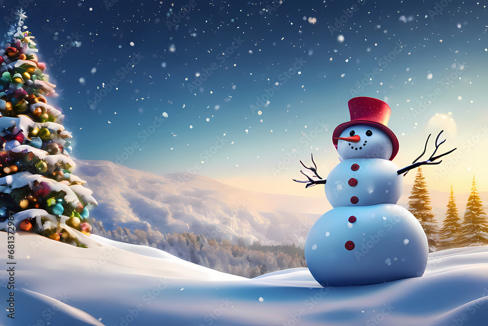 Obraz premium Snowman with christmas tree snow fall landscape