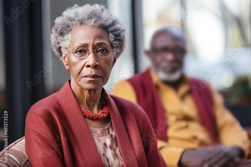 Senior Afro woman feeling sad and disappointed, her husband is behind