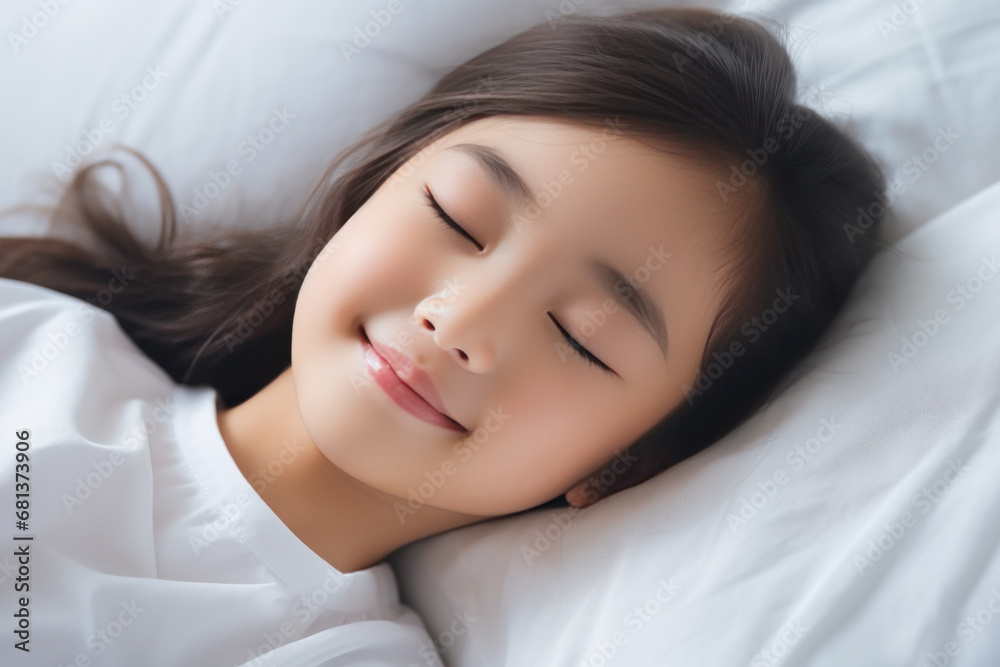 Asian little girl sleeping well on white pillow in bed Asian little girl sleeping well on white pillow in bed