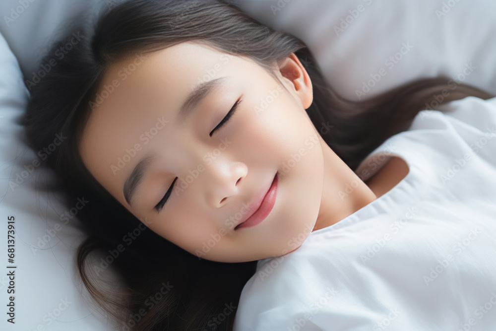 Asian little girl sleeping well on white pillow in bed Asian little girl sleeping well on white pillow in bed
