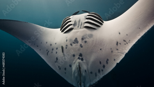 Giant Manta Ray somersaults close to viewer in open blue water