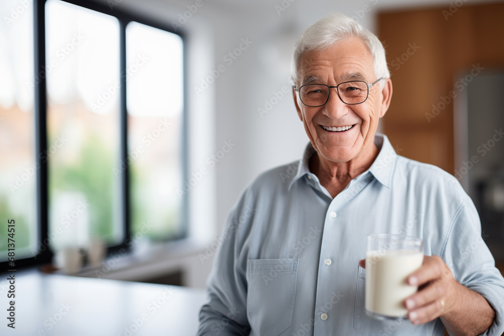 cheerful senior man with glass of milk at home kitchen cheerful senior man with glass of milk at home kitchen