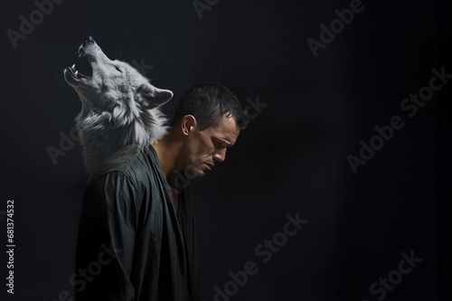 unhappy man with bowed head and silhouette of howling wolf. Concept of depression and loneliness