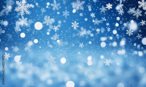 magical blue background with bokeh and white falling snowflakes