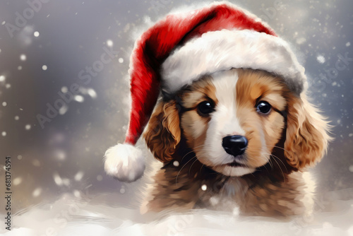 portrait of cute puppy in Santa Claus hat with falling snowflakes on the background