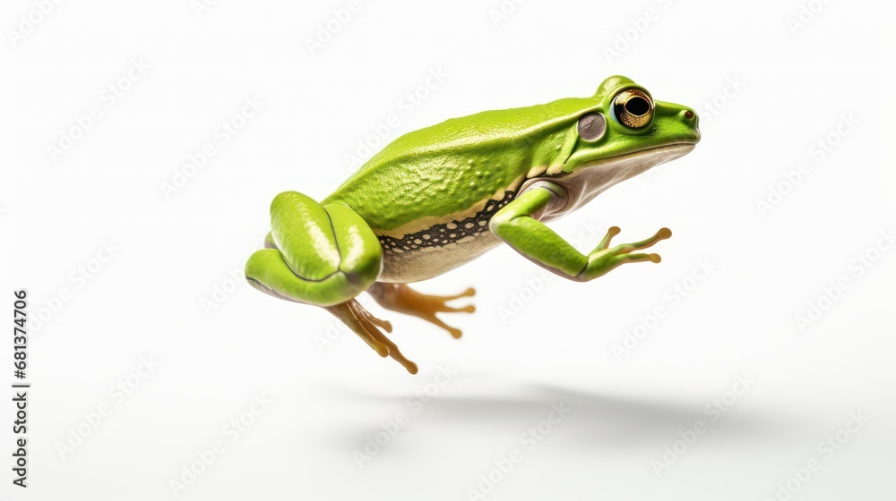 A Green frog jumping on white isolated background.