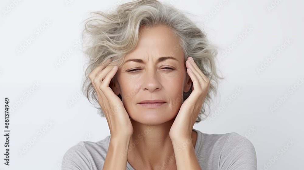 Glowing gorgeous grey hair senior mid aged woman with hands on her temples because of headache or stress on white background Glowing gorgeous grey hair senior mid aged woman with hands on her temples because of headache or stress on white background