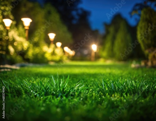 Night closeup photo of grass lawn in the park lit with night lanterns creating cozy atmosphere