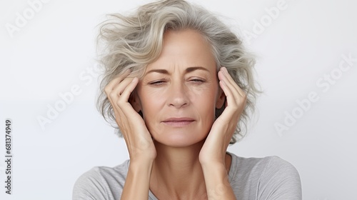 Glowing gorgeous grey hair senior mid aged woman with hands on her temples because of headache or stress on white background