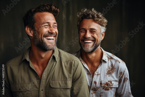 Young happy gay couple in casual clothes isolated on gray background © sofiko14