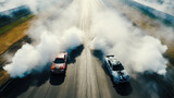 Aerial top view two car drift battle on asphalt race track, Automobile and automotive car view from above
