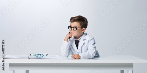 photography of Smiling doctor posing with arms crossed or thinking in the office , on white background , copy space