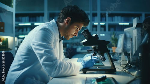 scientist or reseacher using microscope in biotechnology laboratory photo