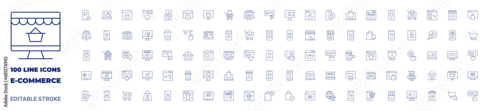 100 icons E-commerce collection. Thin line icon. Editable stroke. E-commerce icons for web and mobile app.