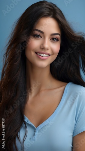Portrait of a beautiful young girl with natural make-up and well-groomed hair on a light blue background in the studio