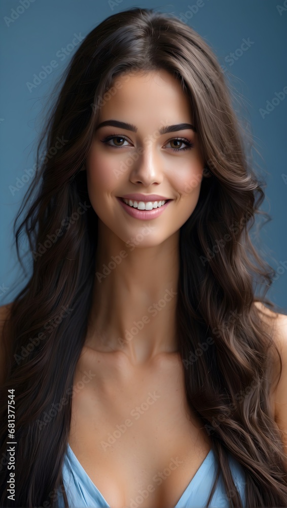 Portrait of a beautiful young girl with natural make-up and well-groomed hair on a light blue background in the studio Portrait of a beautiful young girl with natural make-up and well-groomed hair on a light blue background in the studio