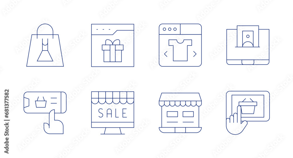 E-commerce icons. Editable stroke. Containing shopping bag, online shopping, web page, clothes, ecommerce, e commerce.