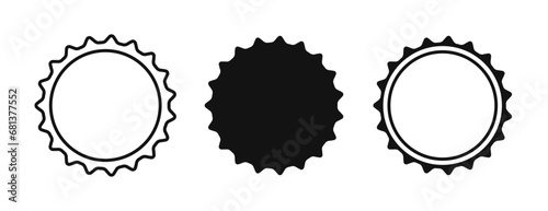 Beer bottle cap icons. Blank label in the shape of aluminum bottle cap. Top view. Soda or beer metal lid. Black and white flat icon. Vector illustration isolated on white background.