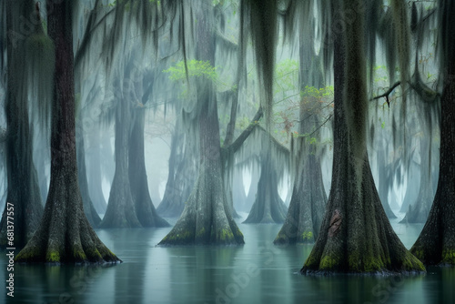 Fototapet haunting beauty of cypress trees in swamp, with their unique shapes, still water