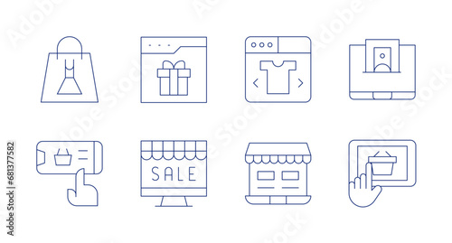 E-commerce icons. Editable stroke. Containing shopping bag, online shopping, web page, clothes, ecommerce, e commerce. © Spaceicon