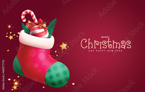 Christmas socks vector design background. Merry christmas and happy new year greeting text with xmas balls and candy cane elements in stocking ornaments season decoration. Vector illustration holiday 