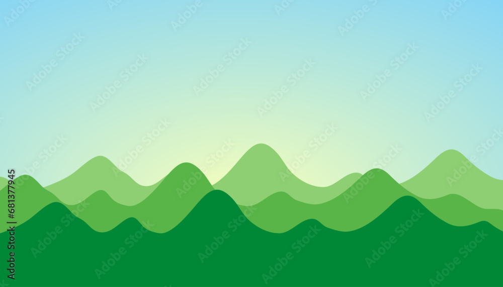 Obraz premium Nature template, green mountain background and gradient yellow and light blue sky background, morning or evening.