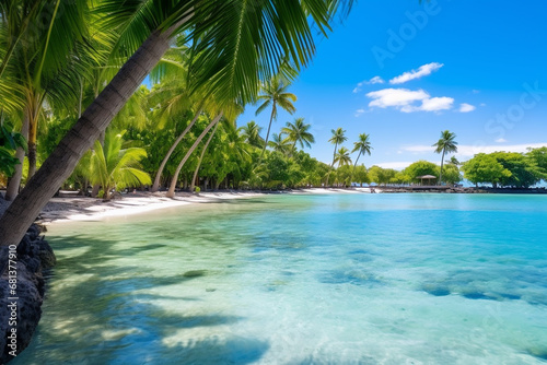 idyllic beauty of tropical lagoon, embodying lush greenery, crystal-clear waters, and leisurely pace of life in tropical paradise