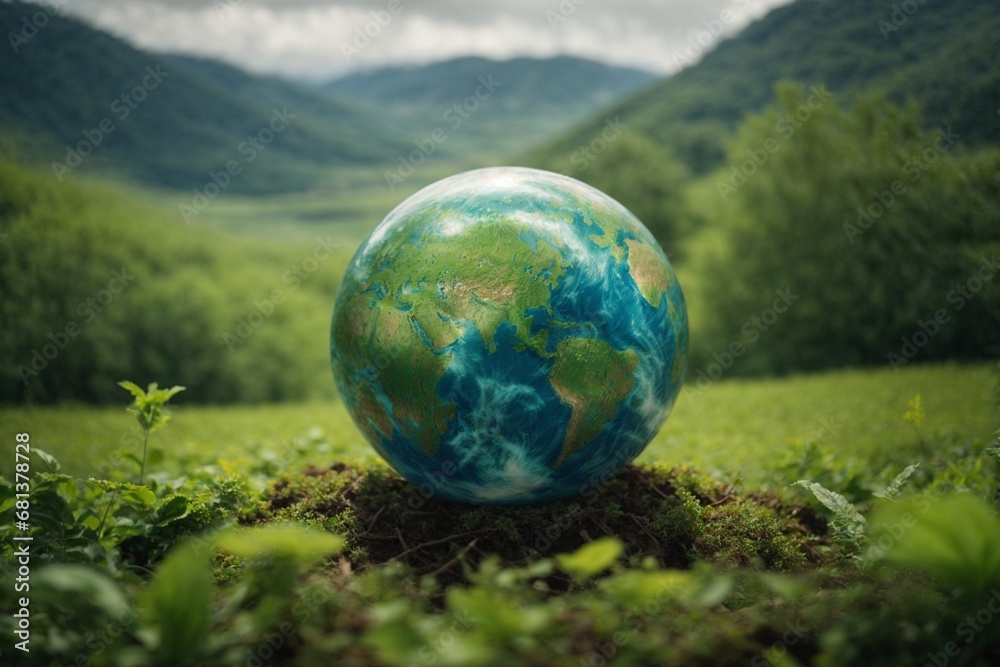 Naklejka premium Globe in the green grass with mountain background. Earth day concept.