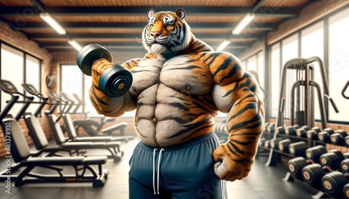 Fat tiger lifting dumbbell in gym, Motivation workout photo
