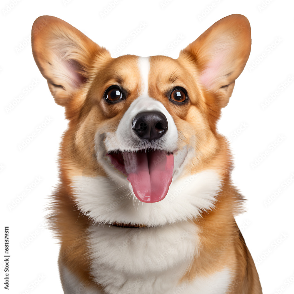 Close up of a corgi dog on transparent background cutout, PNG file.