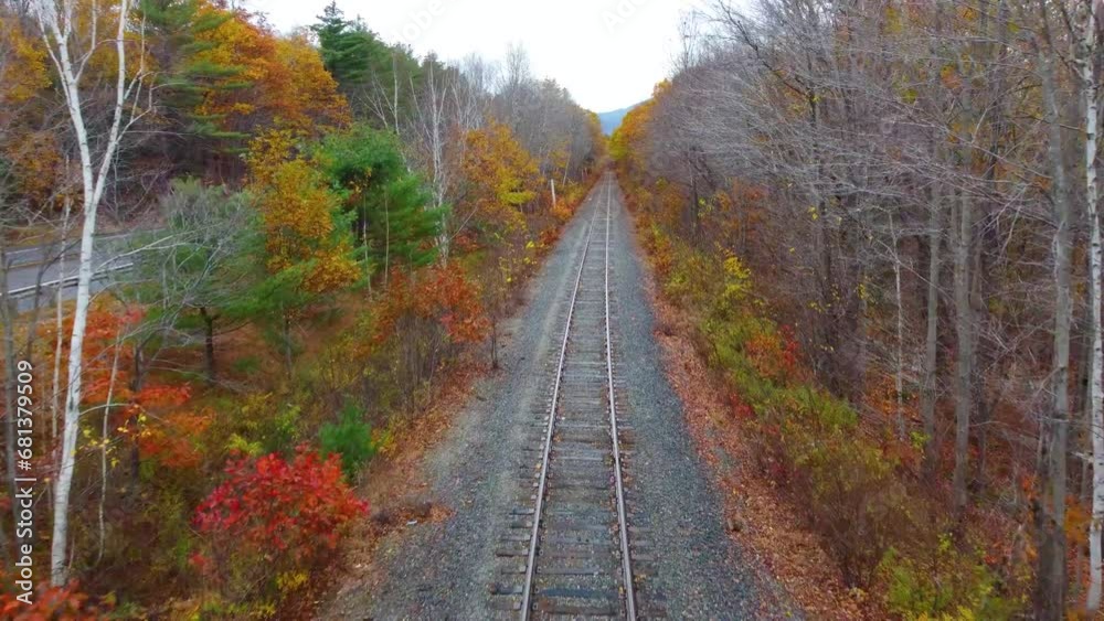 Aerial view of Train track and fall colours in New Hampshire, USA