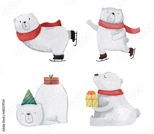 Polar bear . Christmas theme . Watercolor paint cartoon characters . Isolated . Set 3 of 4 . illustration .