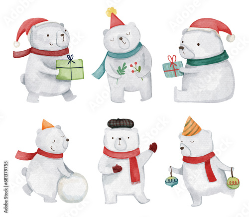 Polar bear . Christmas theme . Watercolor paint cartoon characters . Isolated . Set 2 of 4 . illustration .